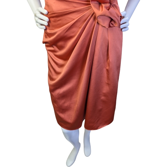 Burnt Orange Satin Strapless Cocktail Dress w/ Draped Rosette Detail, Size 6 - Picture 6 of 8
